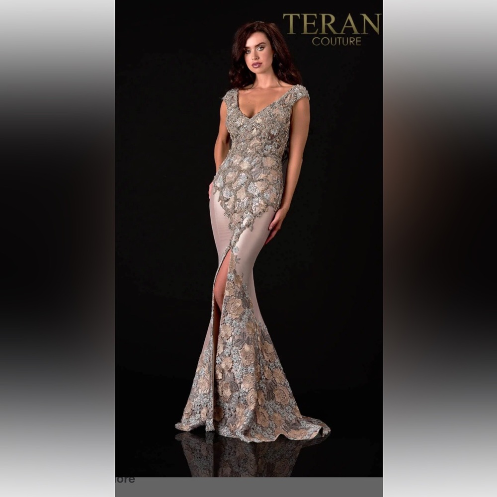 Terani Couture Elegant Lace Evening Gown - gold  and Cream mother of the bride